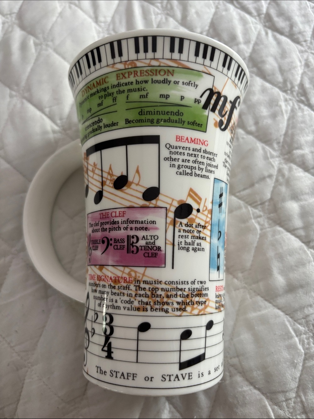 Music Notation Ceramic Mug - White with Multicolor Musical Print